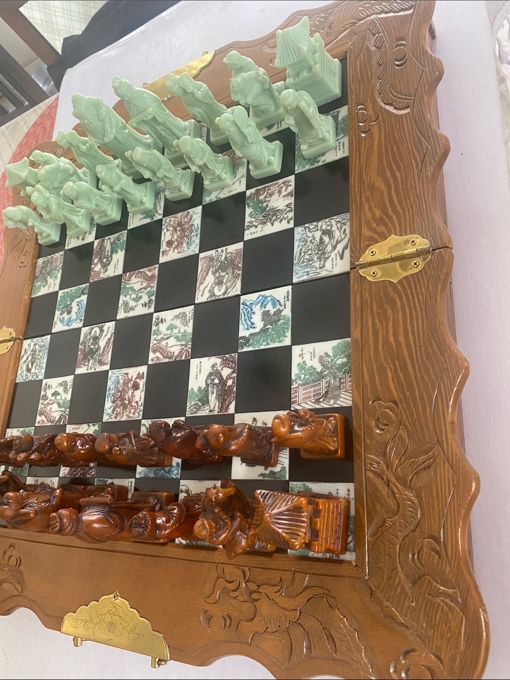 Handcrafted Green & Brown Decorative Chess Set in Folding Wooden Case. - Picture 2 of 5